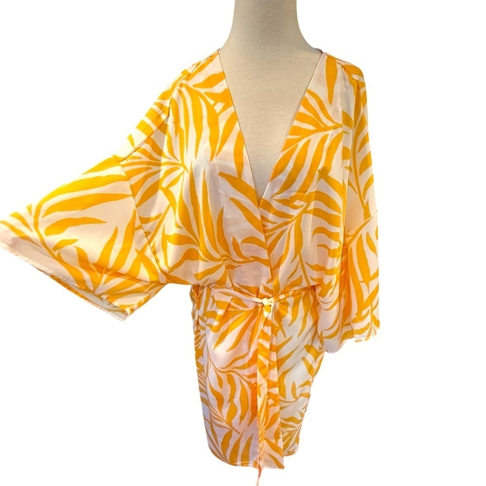 Maison Du Soir Yellow Magnolia Luxe Robe Kimono Coverup Tropical Palm Print  M/L - Picture 2 of 7